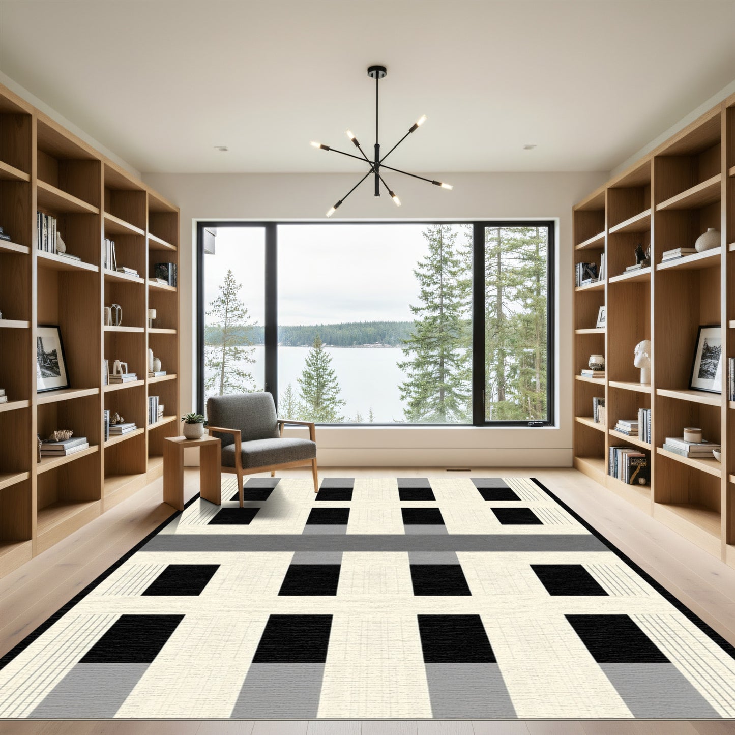 Cream Black Gray Plaid Grid Squares Rug
