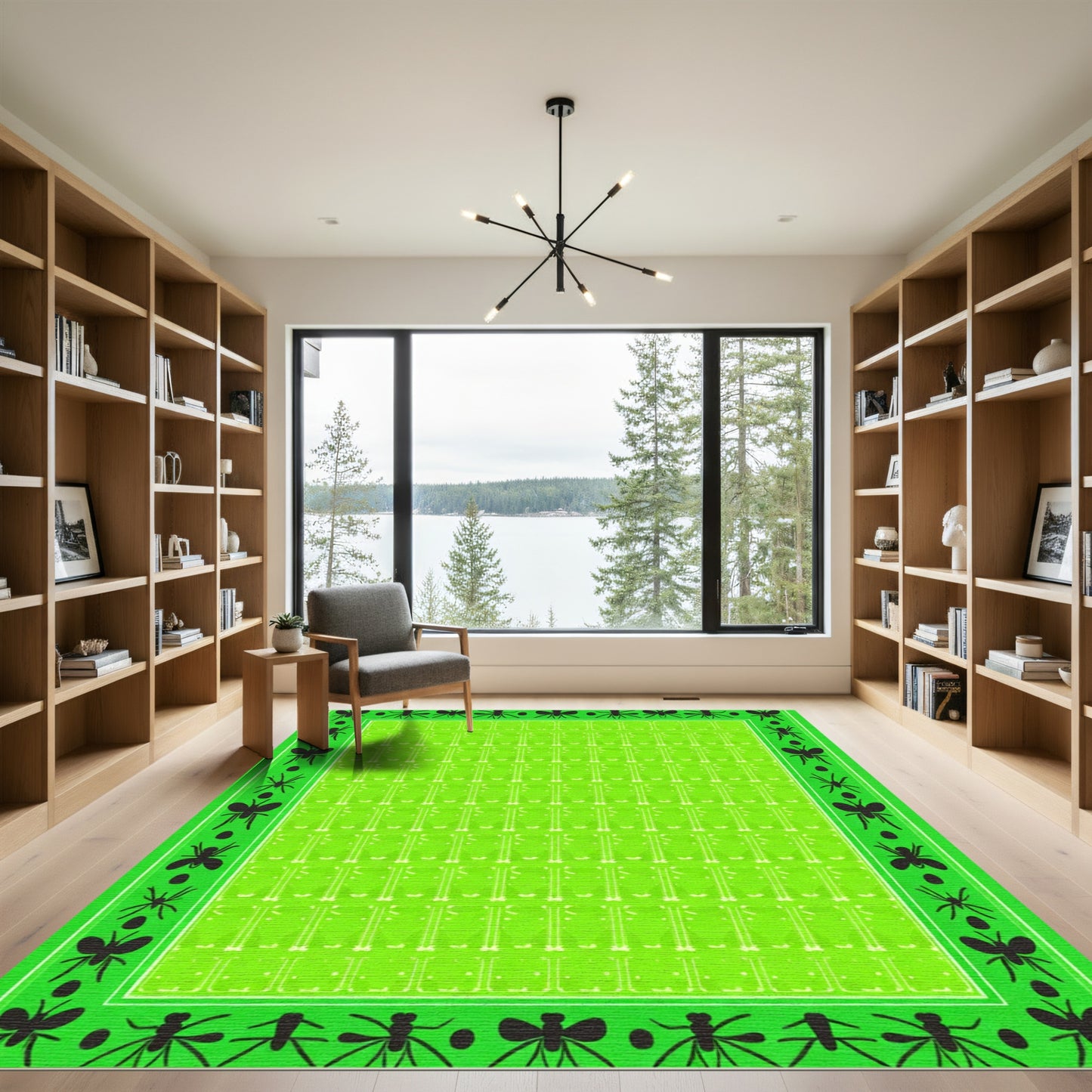 Lime Green Insect Border Geometric Rug