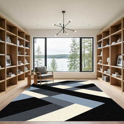 Black Gray Blue Geometric Block Rug