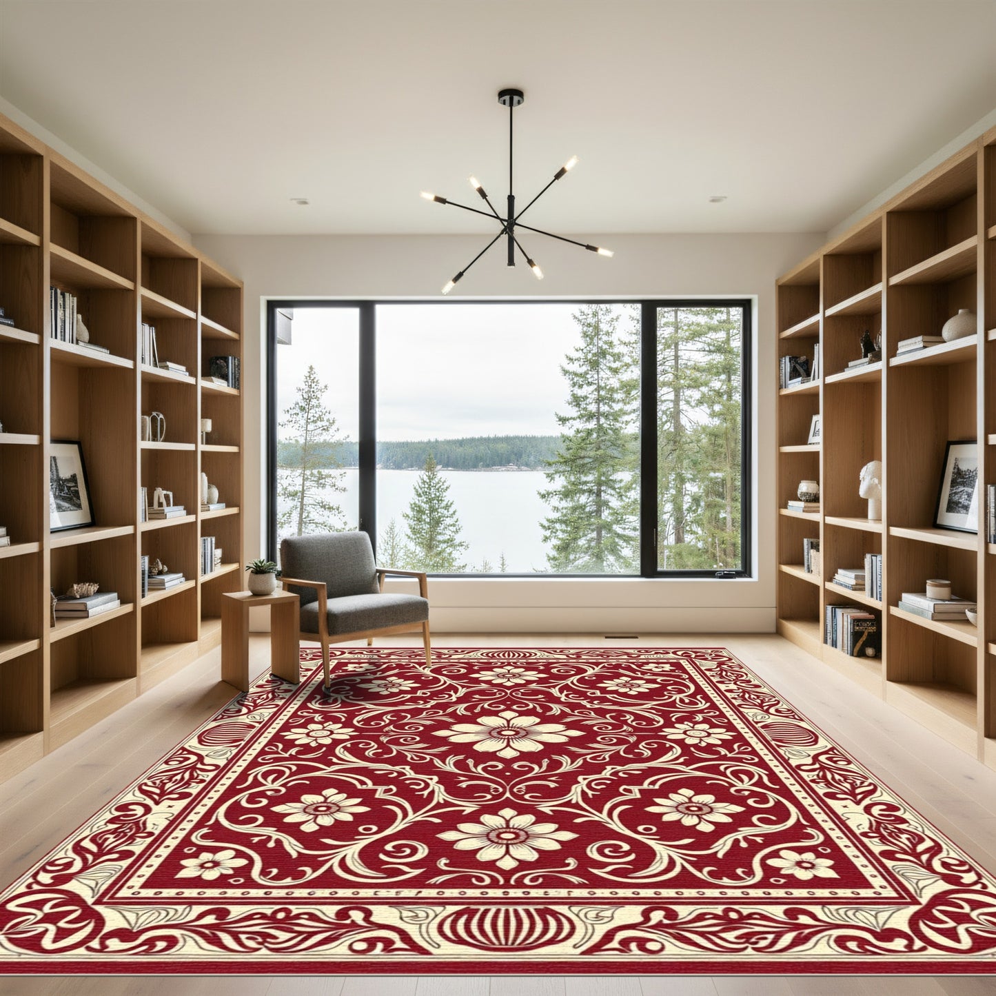 Deep Red Floral Medallion Scrollwork Rug