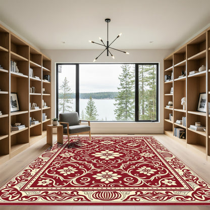 Deep Red Floral Medallion Scrollwork Rug