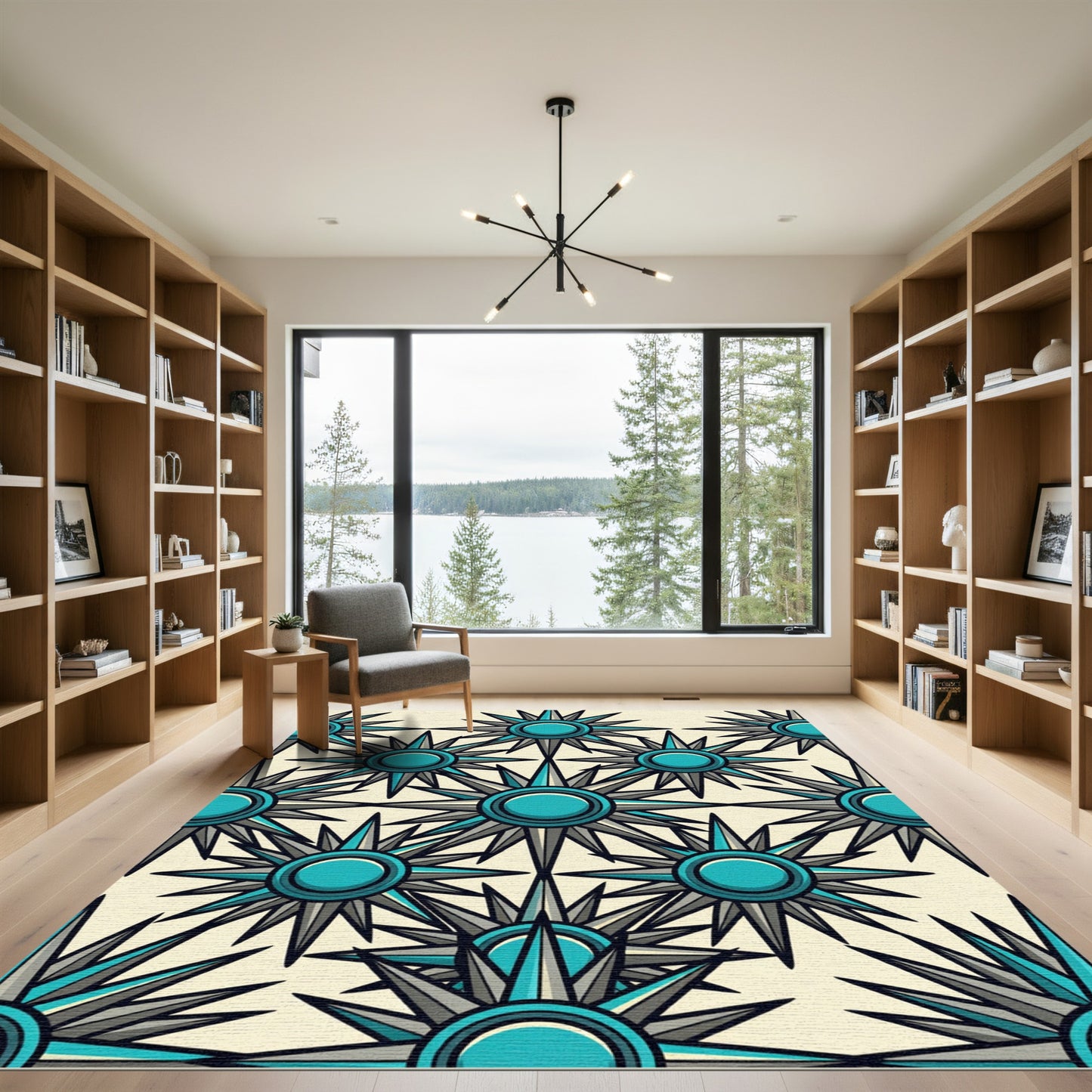 Geometric Teal Starburst Celestial Medallion Rug