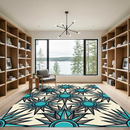 Geometric Teal Starburst Celestial Medallion Rug