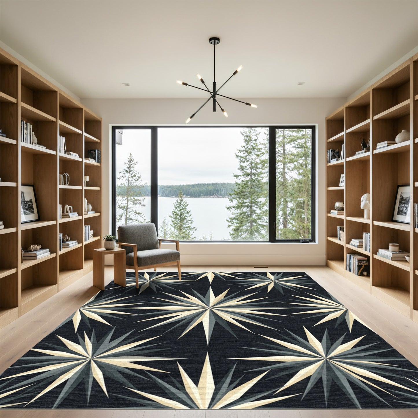 Midcentury Geometric Gold and Charcoal Sunburst Rug