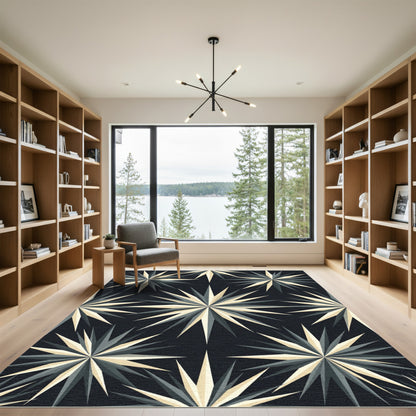 Midcentury Geometric Gold and Charcoal Sunburst Rug