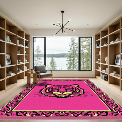 Bold Pink Tiger Face Frame Rug