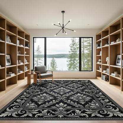 Elaborate Silver Scrollwork Damask Black Rug
