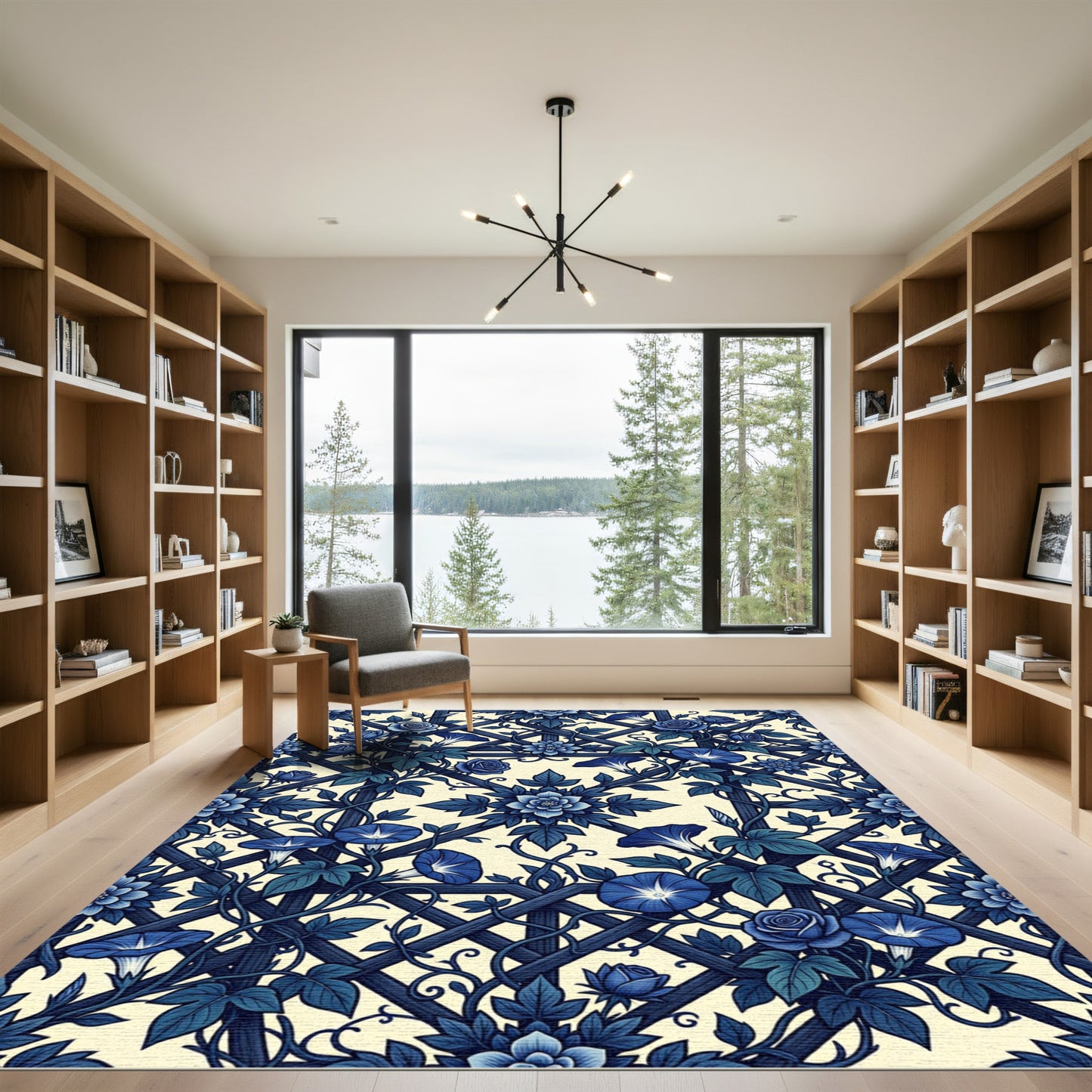 Deep Blue Floral Trellis Morning Glories Rug