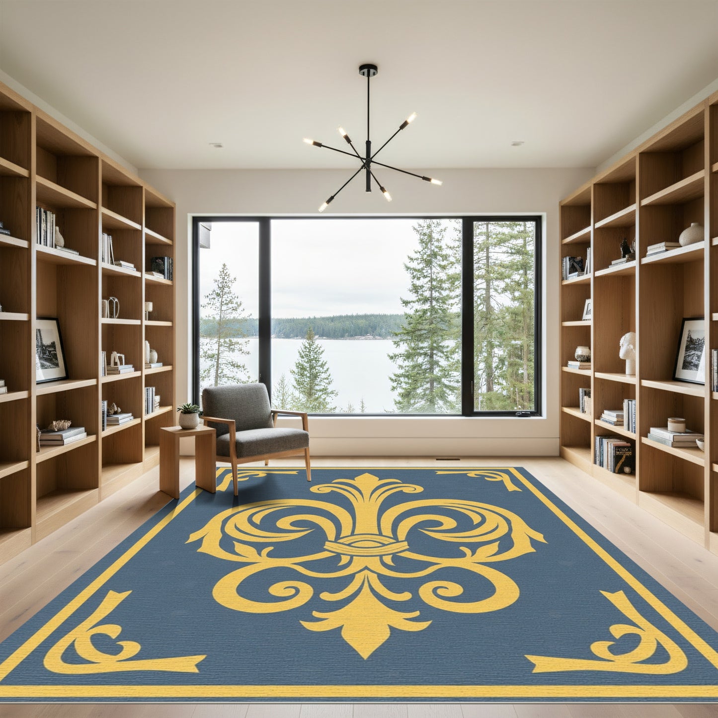 Golden Traditional Floral Blue Rug