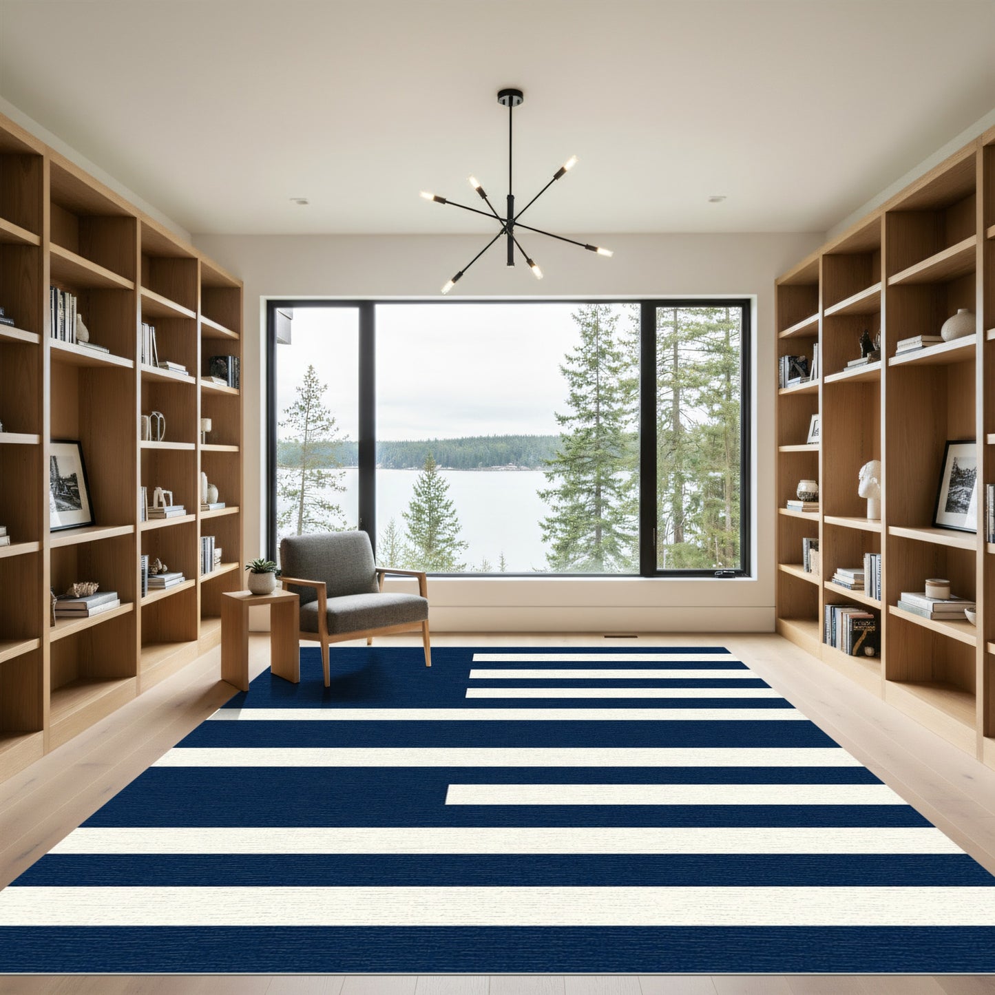 Minimalist Navy and White Striped Geometric Rug