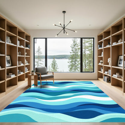 Blue Aqua Ocean Layered Waves Rug