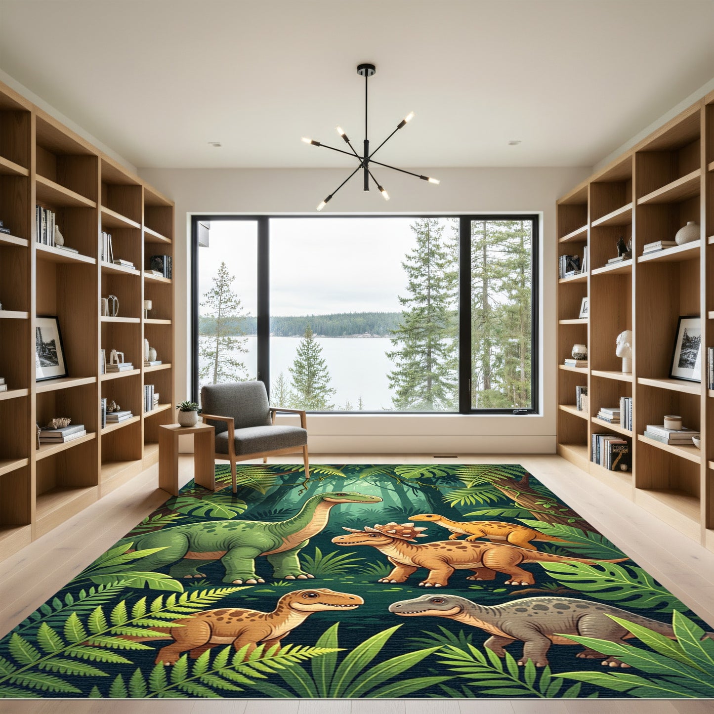 Whimsical Dinosaur Jungle Forest Scene Rug