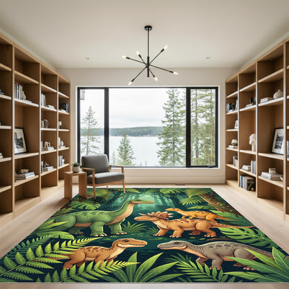 Whimsical Dinosaur Jungle Forest Scene Rug