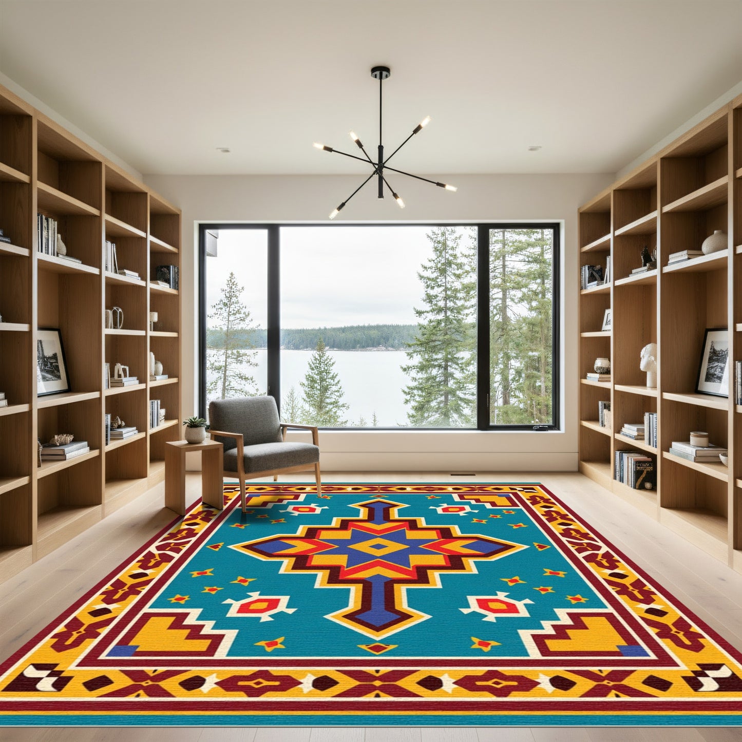 Turquoise Red Yellow Geometric Central Medallion Rug