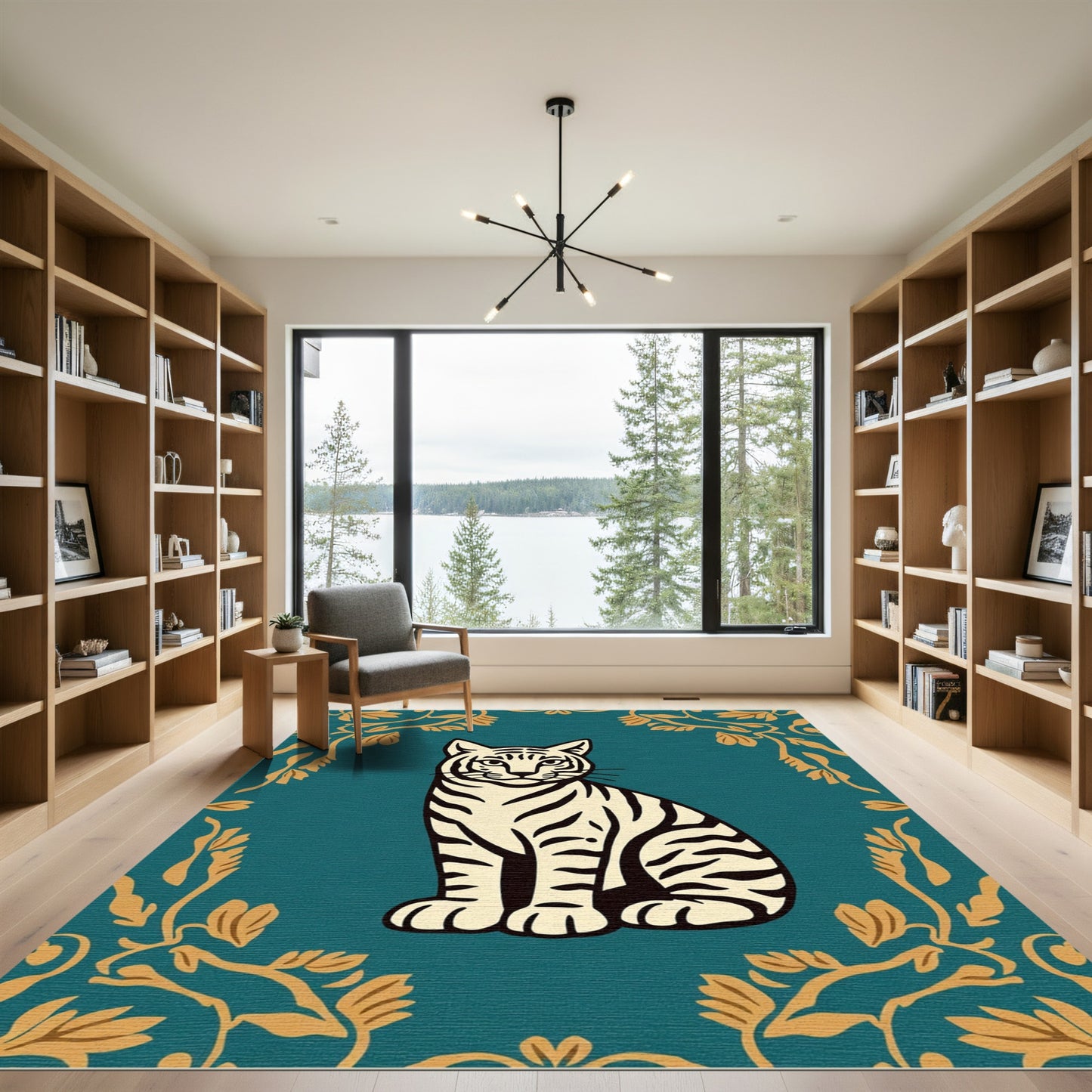 Golden Floral Tiger Portrait Rug