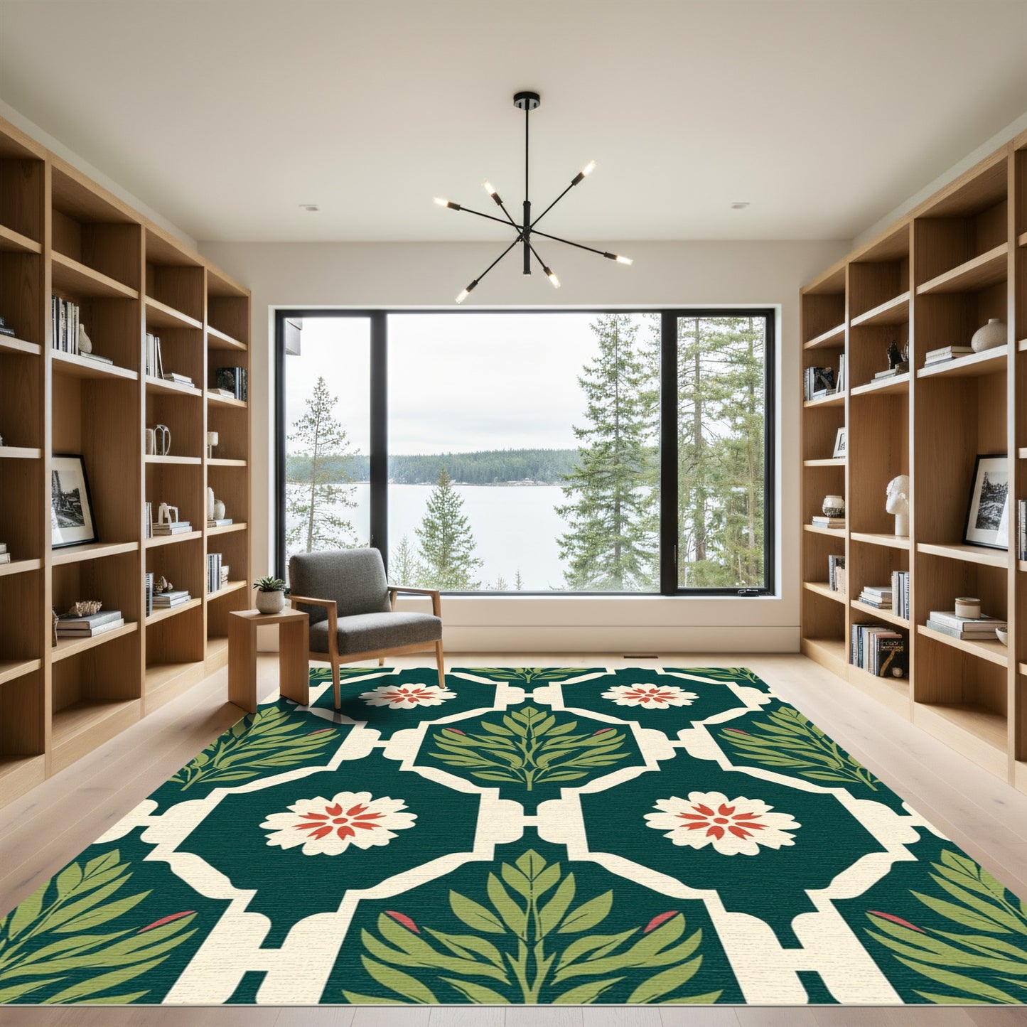 Deep Green Floral Botanical Lattice Rug
