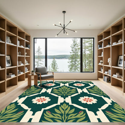 Deep Green Floral Botanical Lattice Rug