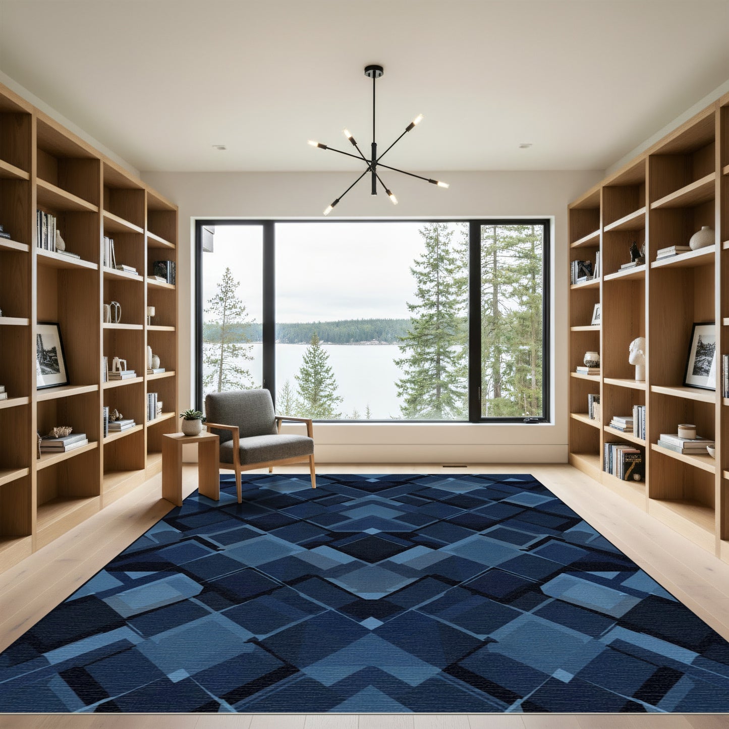 Deep Blue Geometric Diamond Cascade Rug