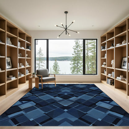 Deep Blue Geometric Diamond Cascade Rug