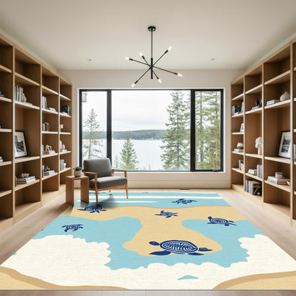 Navy Blue Sea Turtle Beach Scene Rug