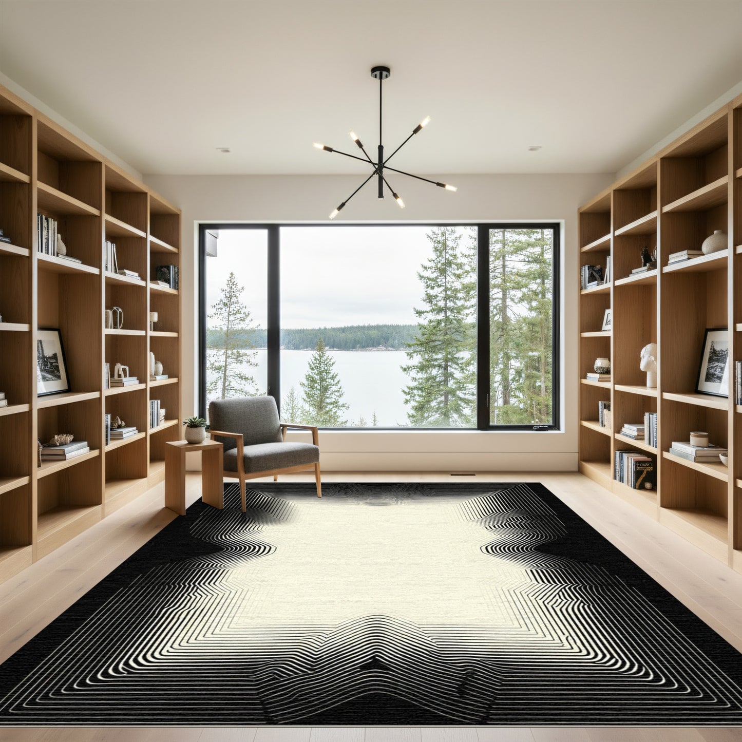 Abstract Cream Black Curved Lines Rug