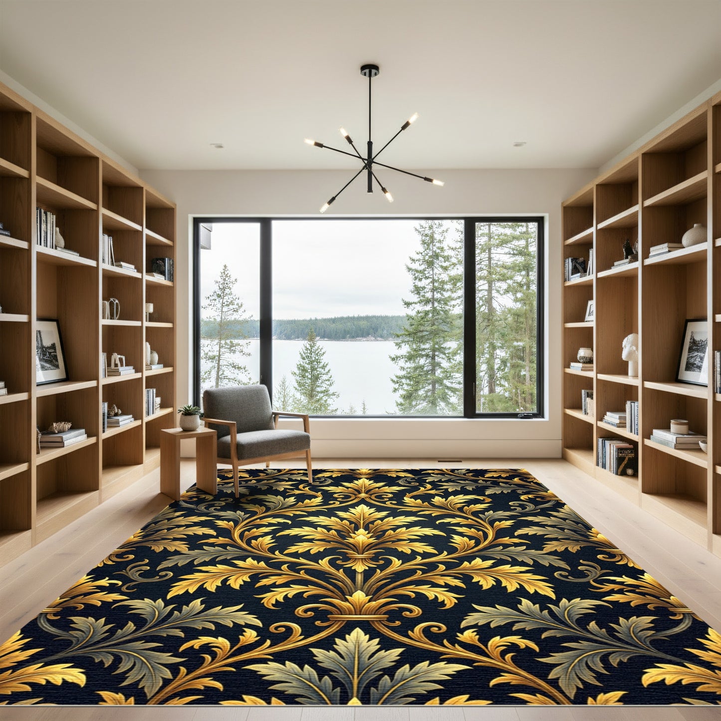 Ornate Gold Acanthus Leaf Damask Rug