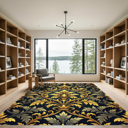 Ornate Gold Acanthus Leaf Damask Rug