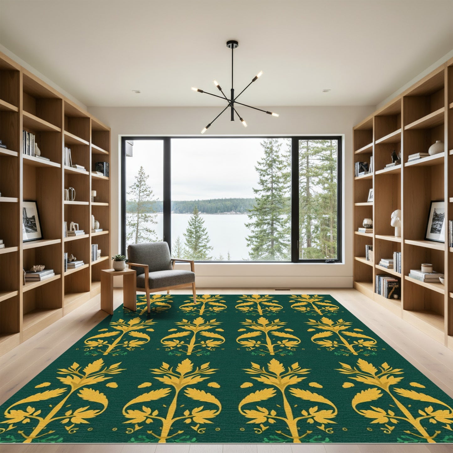 Golden Floral Symmetry Arrangement Rug