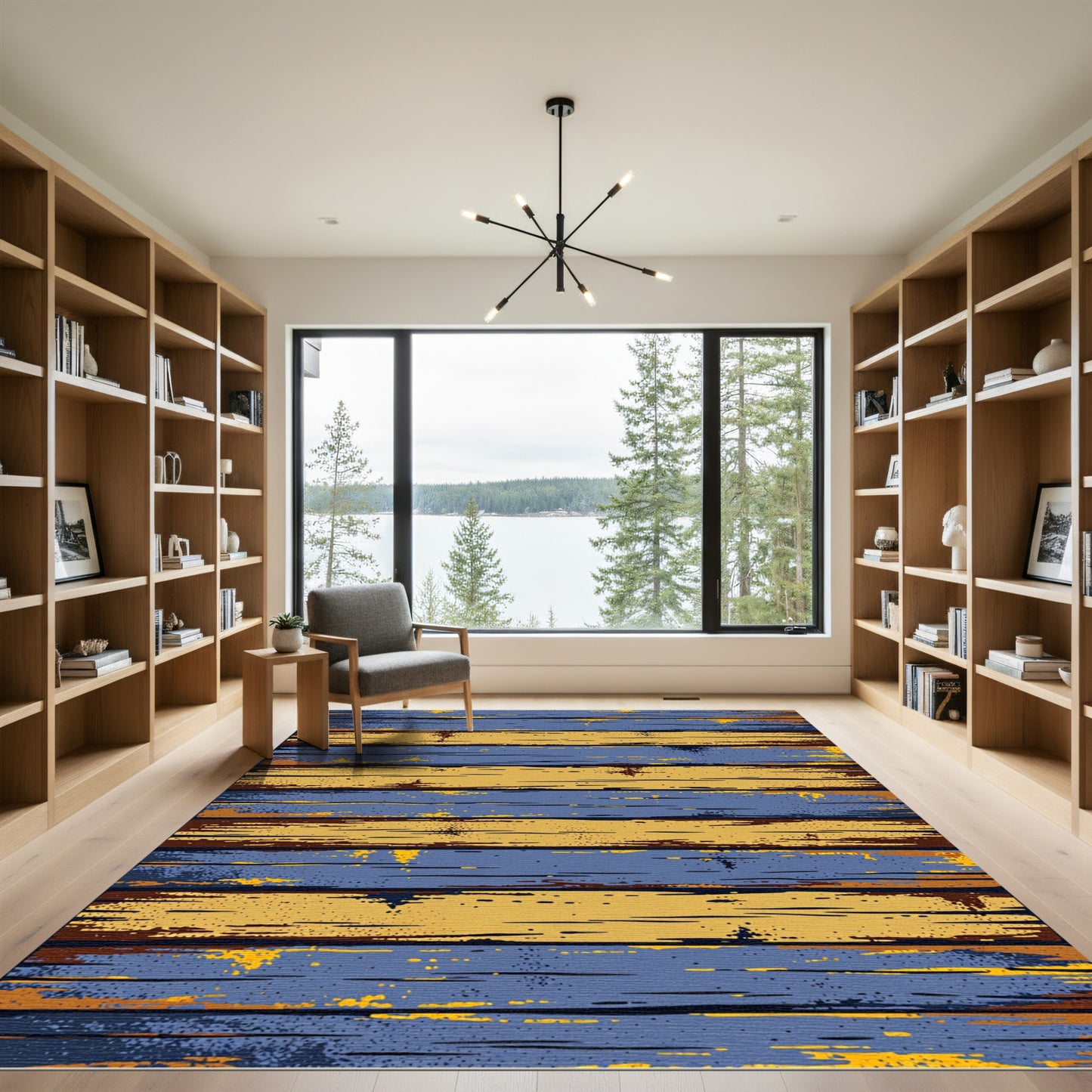 Weathered Blue and Golden Striped Planks Rug