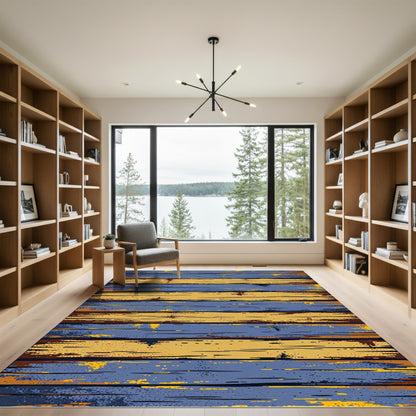 Weathered Blue and Golden Striped Planks Rug