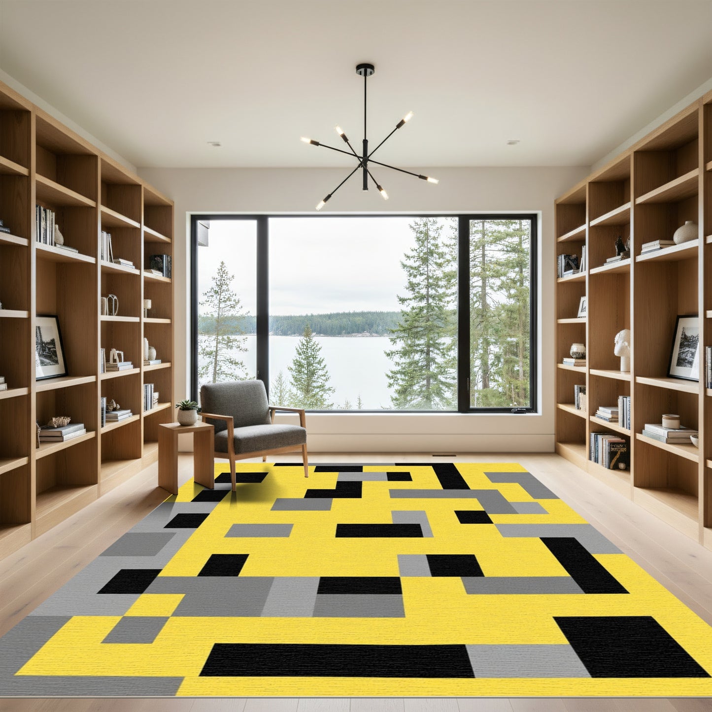 Modern Yellow Gray Black Geometric Blocks Rug