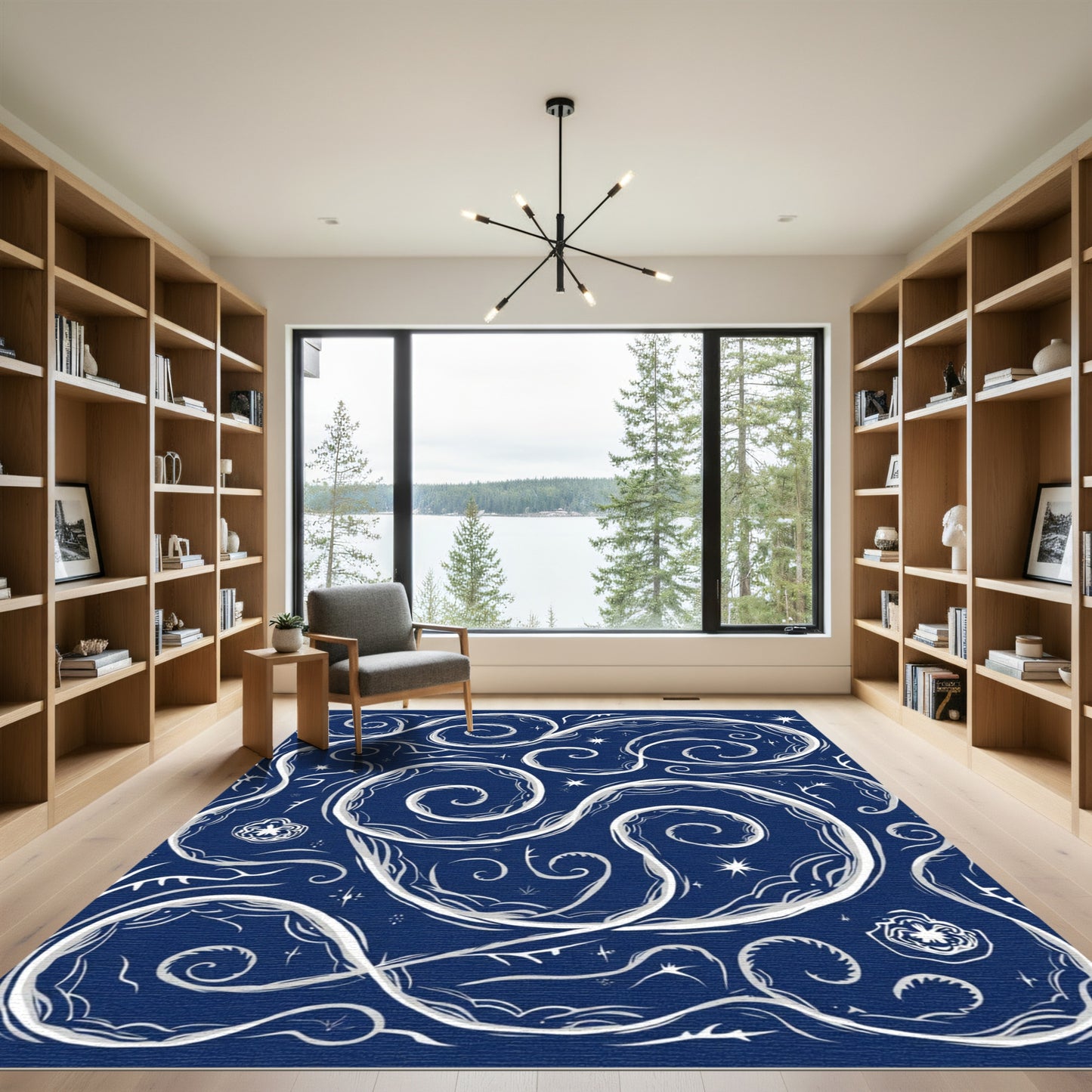 Midnight Blue Swirling Organic Vines Rug