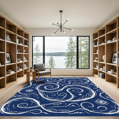 Midnight Blue Swirling Organic Vines Rug