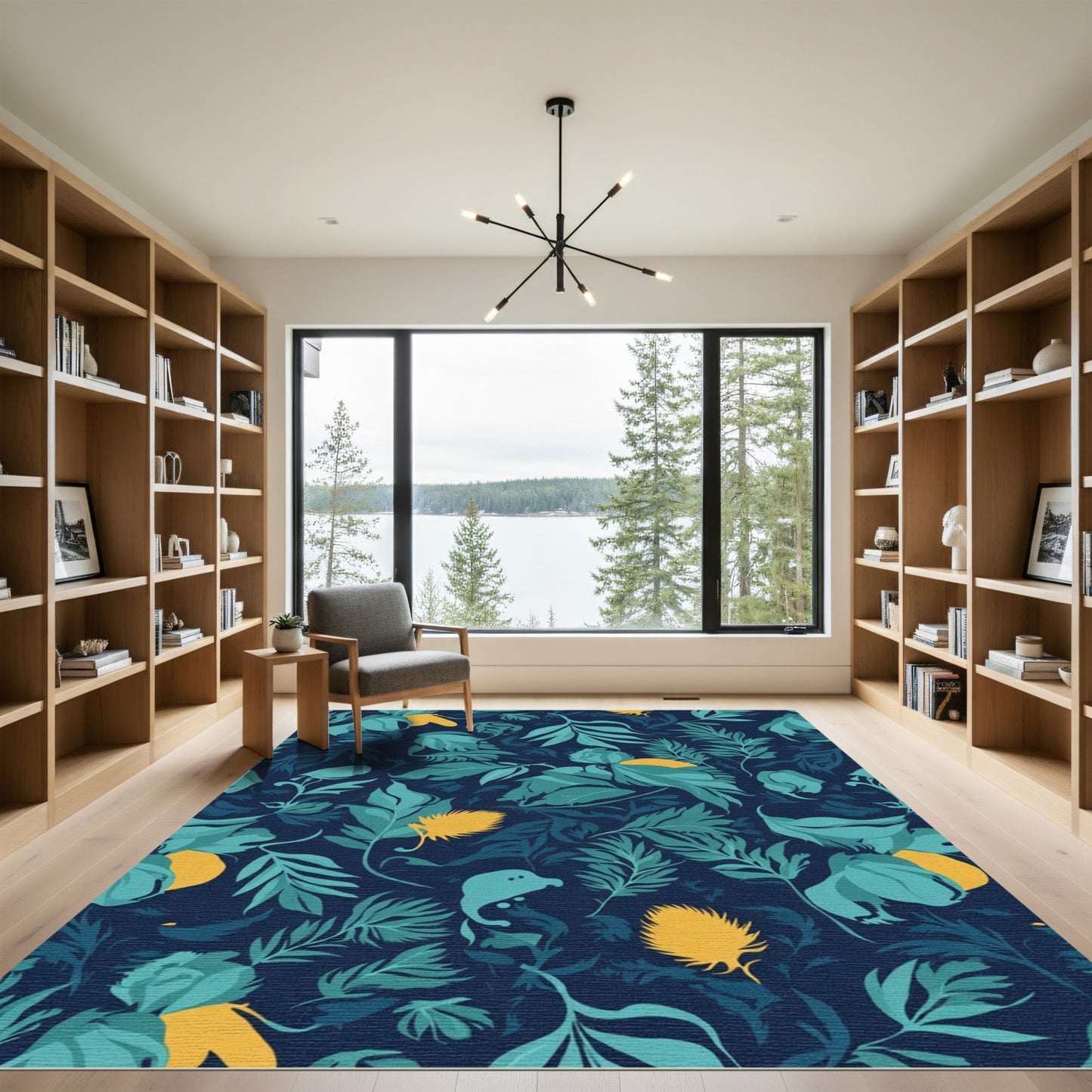 Deep Blue Teal Yellow Botanical Arrangement Rug