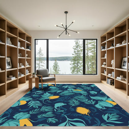 Deep Blue Teal Yellow Botanical Arrangement Rug