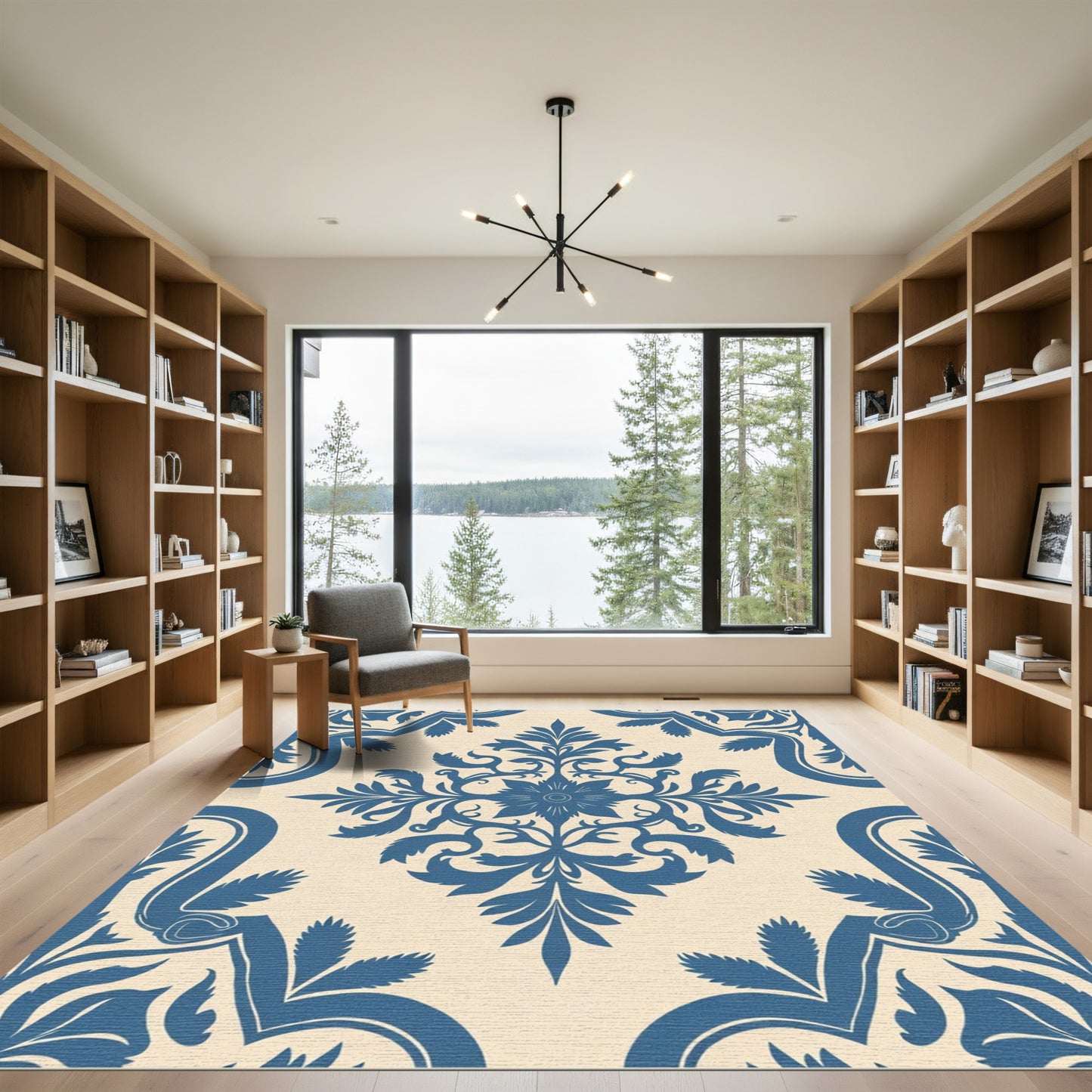 Classic Blue Damask Floral Medallion Rug