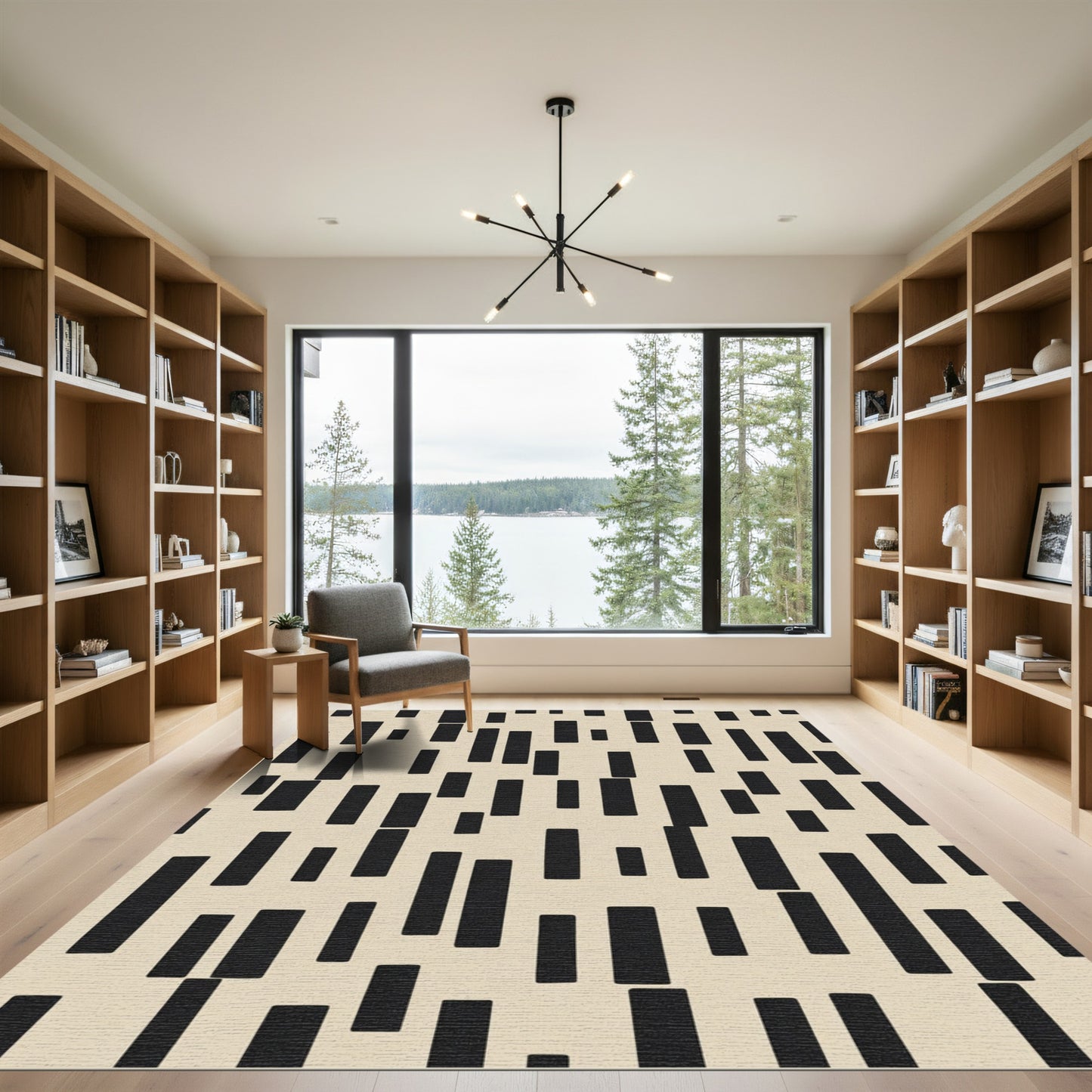 Modern Black Rectangular Grid Rug
