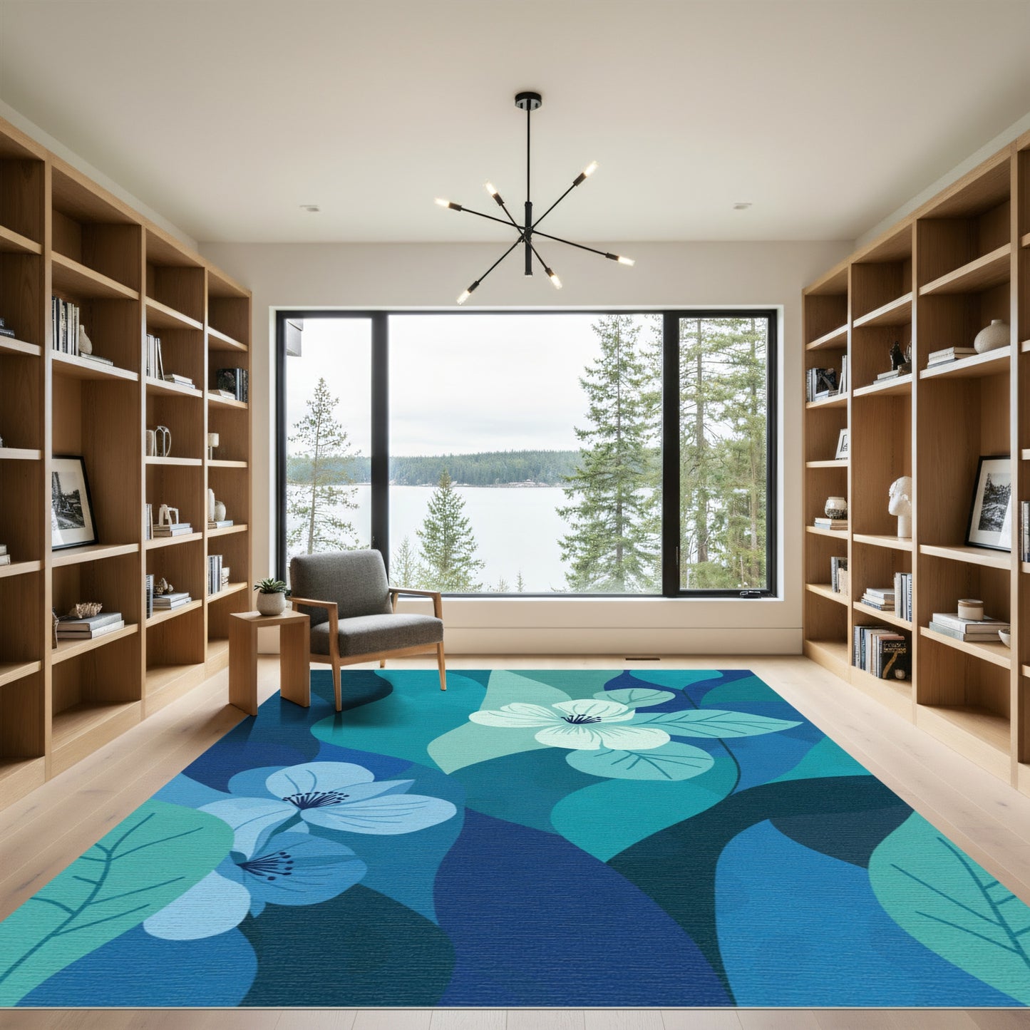 Deep Blue Floral Impressionist Rug