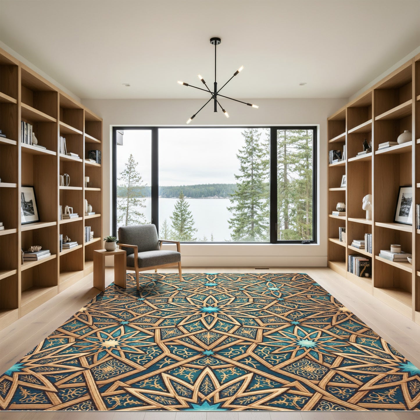 Intricate Teal Gold Geometric Star Layer Rug
