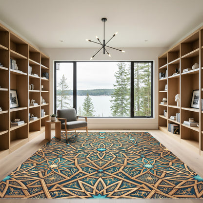 Intricate Teal Gold Geometric Star Layer Rug