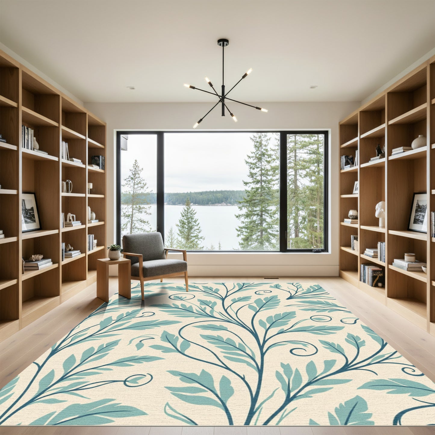 Teal Leaf Swirl Cream Branch Rug