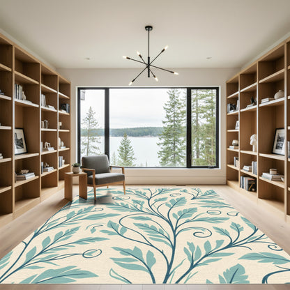 Teal Leaf Swirl Cream Branch Rug