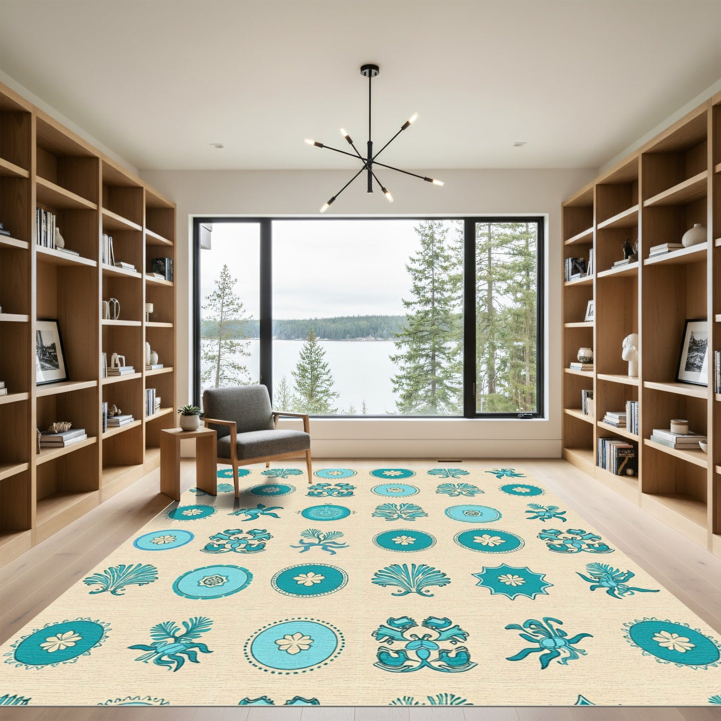 Aqua Teal Floral Medallion Arrangement Rug