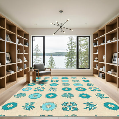 Aqua Teal Floral Medallion Arrangement Rug