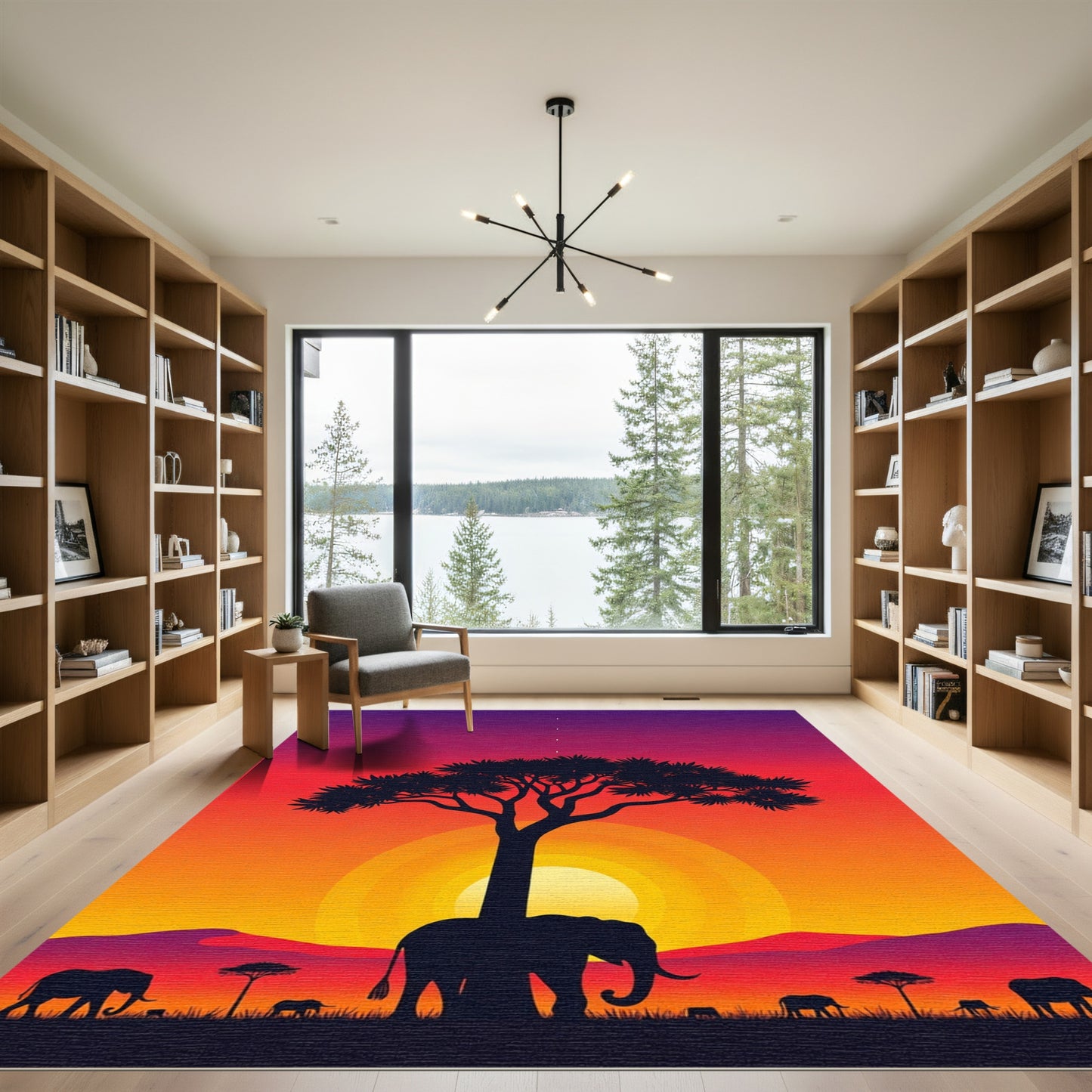 Sunset Savannah Elephant Acacia Tree Silhouette Rug