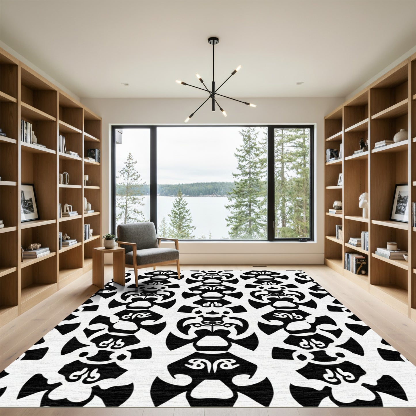 Black White Stylized Tribal Figures Rug