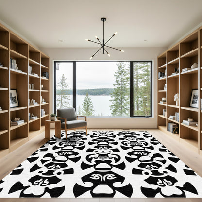 Black White Stylized Tribal Figures Rug