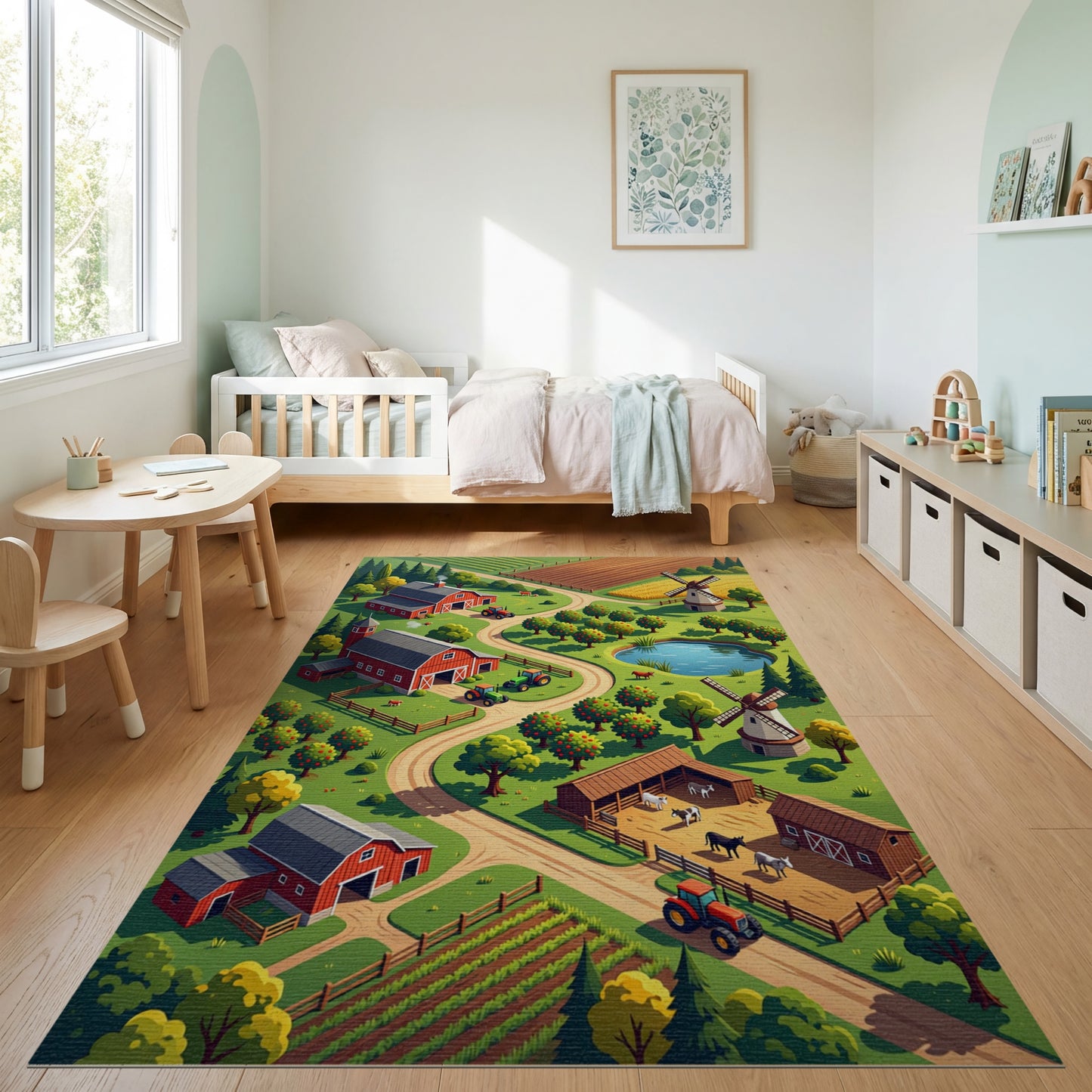 Vibrant Isometric Farm Barn Scene Rug