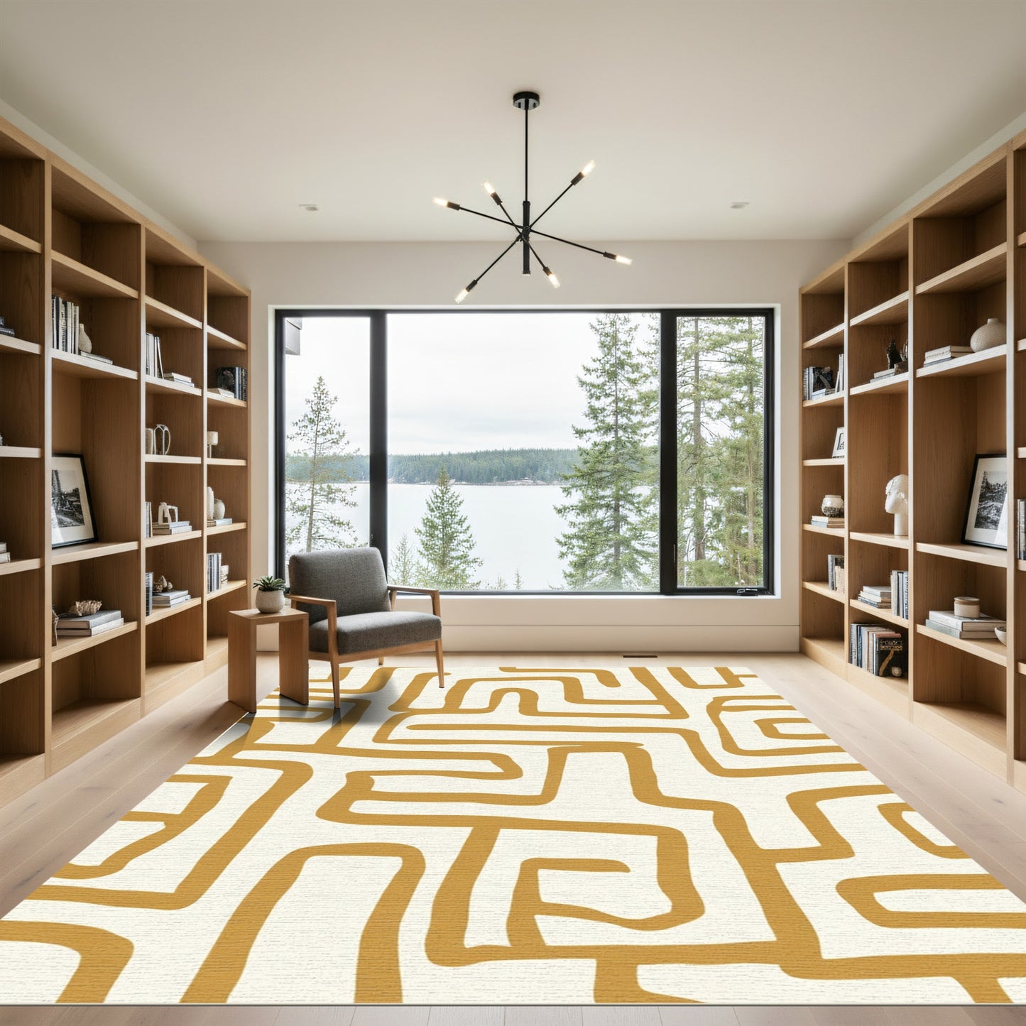 Golden Abstract Labyrinth Maze Rug