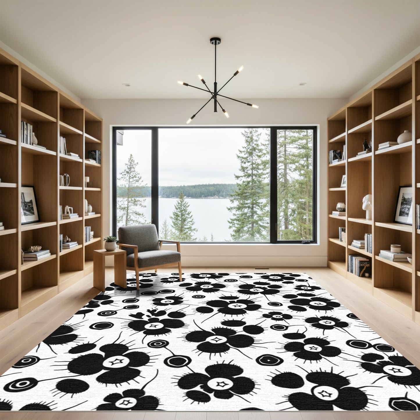 Bold Black Floral Whimsical Star Rug